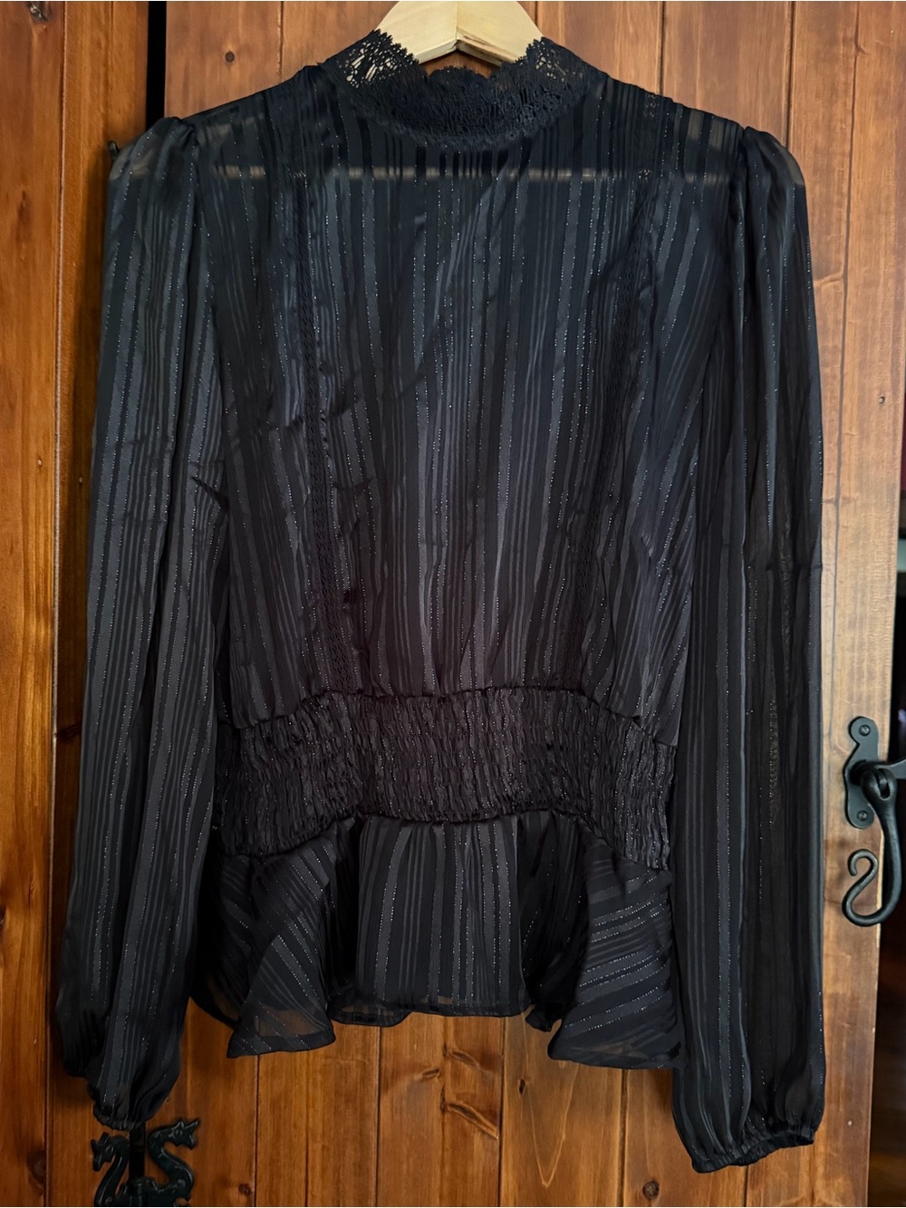 Haute Monde Black Lace-Trim Smocked Waist Long-Sleeve Blouse